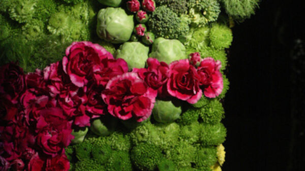 Ivana Adaime Makac – Le Banquet, installation évolutive à entretenir, 2008-2016, criquets pèlerins, vivariums, mousse florale, fruits, légumes, fleurs, socles) dimensions variables © Ivana Adaime Makac